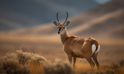 Photo of chiru (Panthalops hodgsoni), also called Tibetan antelope, standing gracefully on the Tibetan Plateau vast and open landscape. Generative AI