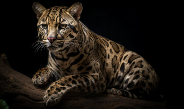 photo of clouded leopard on black background. Generative AI