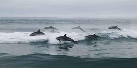 A pod of dolphins jumping in and out of the waves, concept of Marine life behavior, created with Generative AI technology