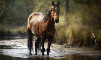 photo of Cleveland Bay (breed of horse) standing in water on forest background. Generative AI