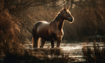 photo of Cleveland Bay (breed of horse) in its natural habitat at dusk. Generative AI