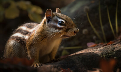 Naklejka na ściany i meble sunset photo of chipmunk standing on a rock in the forest. Generative AI