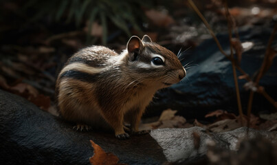 Naklejka premium photo of chipmunk standing on a rock in the forest. Generative AI