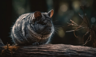 Photo of chinchilla, delicately perched atop a gnarled wooden branch in a dimly lit, forest-like environment. Its soft, luxurious fur glistens in the warm light. Generative AI