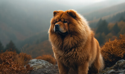 Photo of Chow Chow, captured in a regal pose amidst a misty, mountainous landscape. Image showcases every detail of dog's thick, fluffy coat and its dignified and independent demeanor. Generative AI