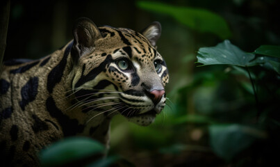 Jungle's Majesty: Photo of clouded leopard, stealthily stalking through the lush foliage of Southeast Asian jungle. image captures spirit & beauty of this elusive & endangered species. Generative AI