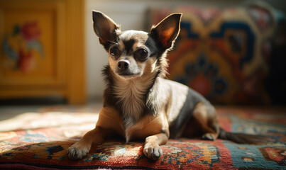 Colorful Cushion Chihuahua. Photo of Chihuahua dog, perched on a colorful, oversized cushion in a sun-drenched room with tiled floors and bright accents. Generative AI