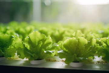 Field vegetable lettuce fresh organic farm. Close up hydroponic vegetable plantation green salad cultivate farm. Generative AI - obrazy, fototapety, plakaty