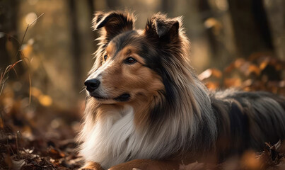 Fototapeta premium close up photo of collie, working dog breed, on blurry forest background. Generative AI