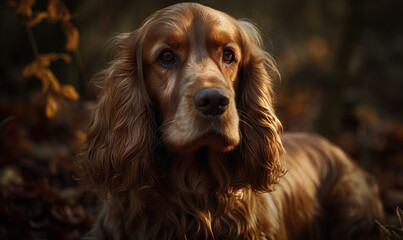 sunset close up photo of cocker spaniel on blurry forest background. Generative AI