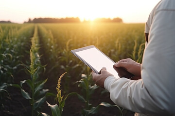 A man with a tablet inspecting corn field quality control at an eco-farm. Generative AI