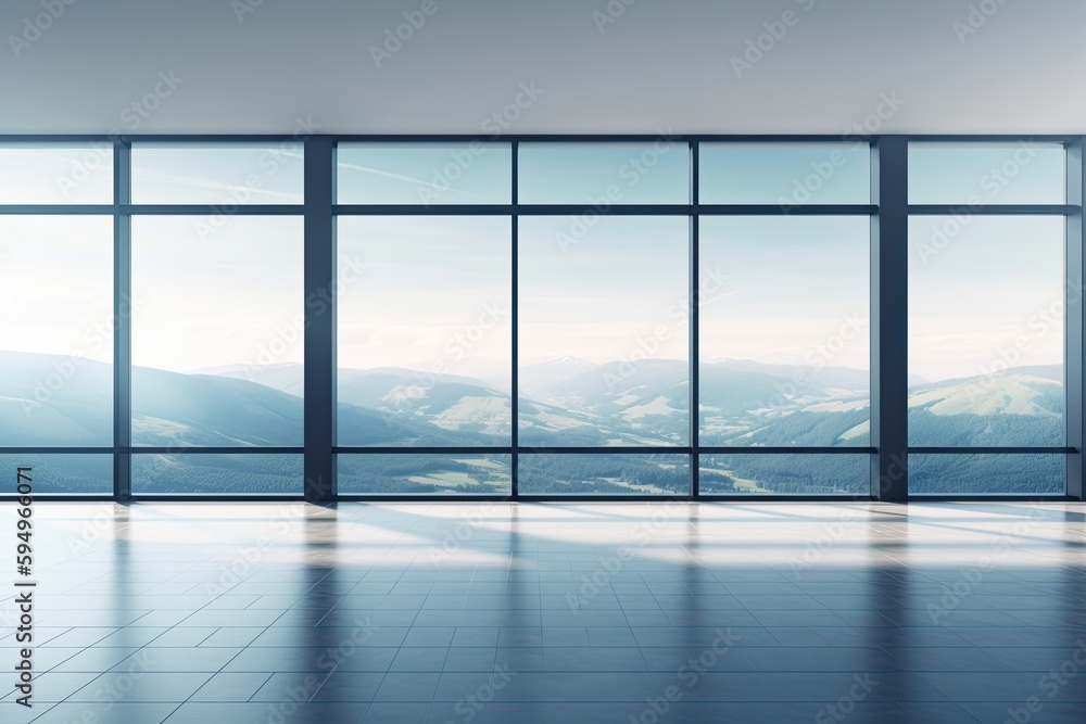 Poster an empty room with panoramic mountain views from large windows. generative ai