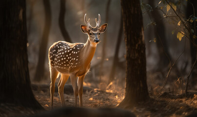 Chital (Spotted Deer) captured in a forest clearing bathed in warm, golden sunlight. majestic animal is photographed in full figure, showcasing its known spotted coat & graceful stance. Generative AI