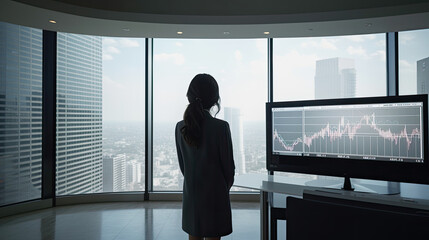 Back view of a businesswoman in the executive offices of a large company in a skyscraper. Generative AI