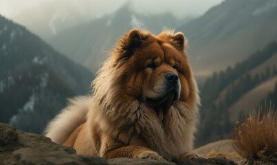 Obraz na płótnie Canvas Photo of Chow Chow, captured in a regal pose amidst a misty, mountainous landscape. Image showcases every detail of dog's thick, fluffy coat and its dignified and independent demeanor. Generative AI