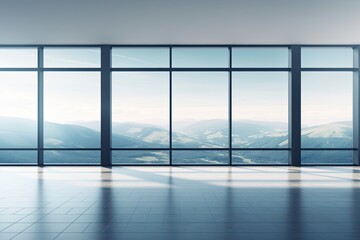 an empty room with panoramic mountain views from large windows. Generative AI