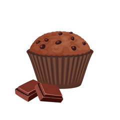 Chocolate muffin with chocolate pieces isolated on white background. Vector cartoon illustration of sweet cupcake.