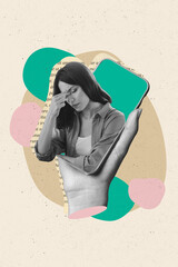 Vertical collage image of black white gamma arm hold smart phone display desperate girl isolated on...