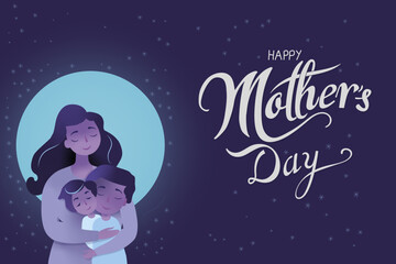 Fototapeta premium A mother embraces her two children,celebrating Mother's Day with the full moon and the stars