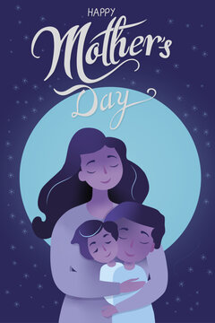 A mother embraces her two children,celebrating Mother's Day with the full moon and the stars