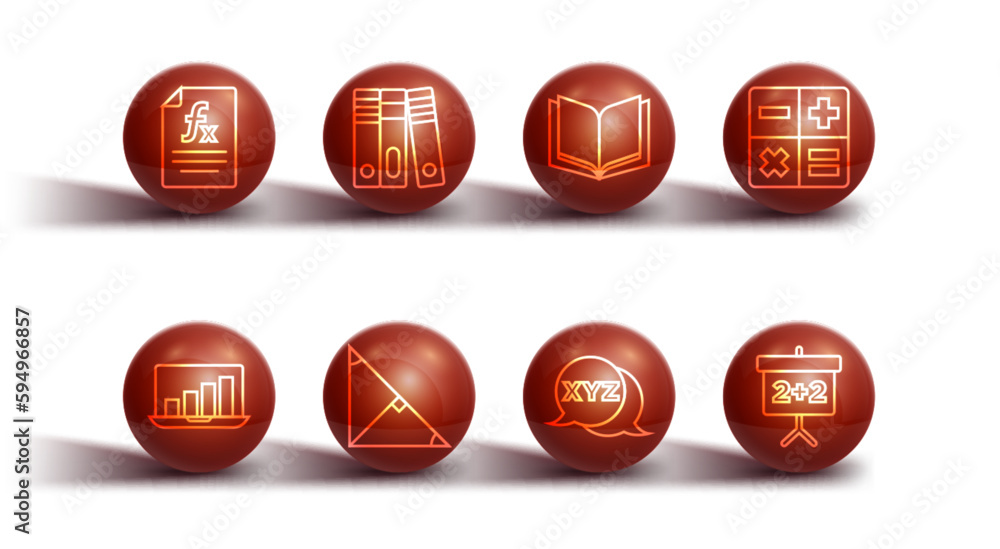 Poster set line function mathematical symbol, laptop with graph chart, calculator, xyz coordinate system, a