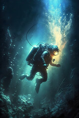 Obraz na płótnie Canvas Credible_scuba_diving_ocean_full_artistic_light_streaks_volumet