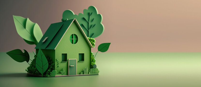 Eco friendly house with copy space and green environmental background. Generative Ai