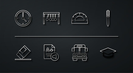 Set line Clock, Eraser or rubber, Pen, School Bus, Exam sheet with A plus grade, Pendulum, Graduation cap and Protractor grid icon. Vector