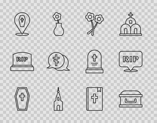 Set line Coffin with cross, Flower, Church building, Grave, Holy bible book and Speech bubble rip death icon. Vector