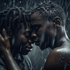 Gay couple embracing while crying in the rain at night. Two african men hug each others, friendship, encourage men, generative ai