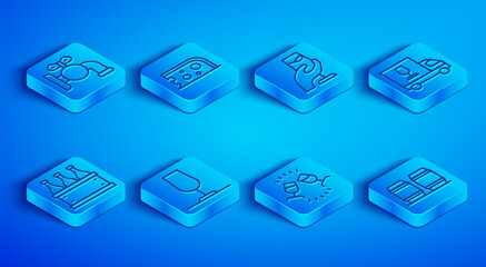 Set line Tap for a barrel, Cheese, Wine tasting, degustation, glass, truck, Bottles of wine box and Wooden icon. Vector