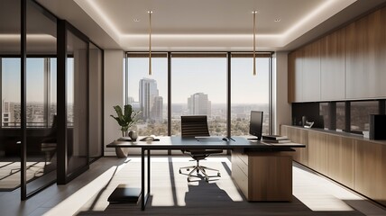 Elegant office Professional Desk, Sleek, High-Quality Office Supplies, and Natural Lighting