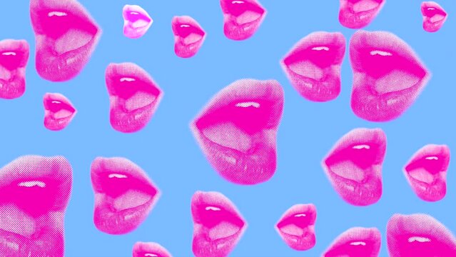 animation background with female pink lips or open mouth on a blue background in pop art style