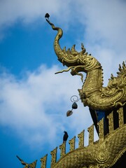 Fototapeta na wymiar Low angle of Golden Dragon Naga ornament on Buddhist Temple in Thailand