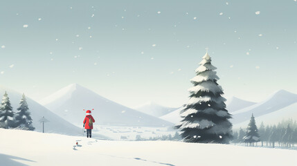 Marry Christmas Dad With Red Cap Going To Christmas Tree In Snow Mountains, Generative Ai