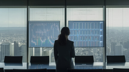 Back view of a businesswoman in a meeting room of a large company in a skyscraper. Generative AI