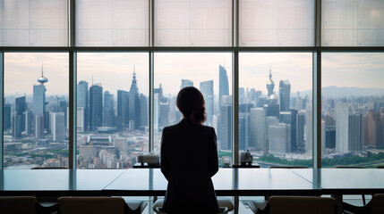 Back view of a businesswoman in a meeting room of a large company in a skyscraper. Generative AI