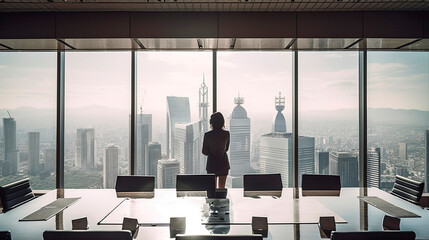 Back view of a businesswoman in a meeting room of a large company in a skyscraper. Generative AI