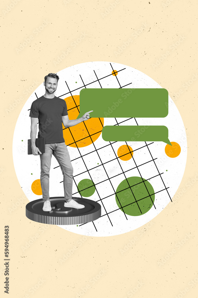 Aufkleber artwork magazine collage picture of confident guy pointing speaking bubble empty space isolated draw