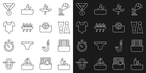 Set line Windsurfing, Water polo, Flippers for swimming, Kayak and paddle, Canoe rowing team sports, Swimsuit, Medal and icon. Vector