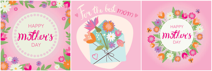 Fototapeta na wymiar Happy Mother's day. Greeting card set with beautiful flowers and hearts on pink background. Banner or poster design template for mom's holiday