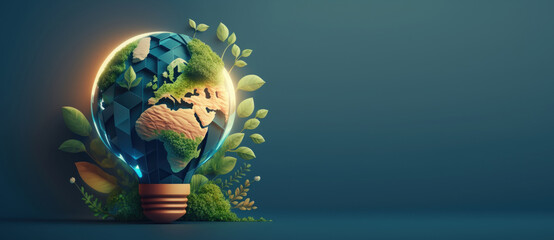 Eco friendly lightbulb banner with copy space, Sustainable and Renewable energy. Generative Ai