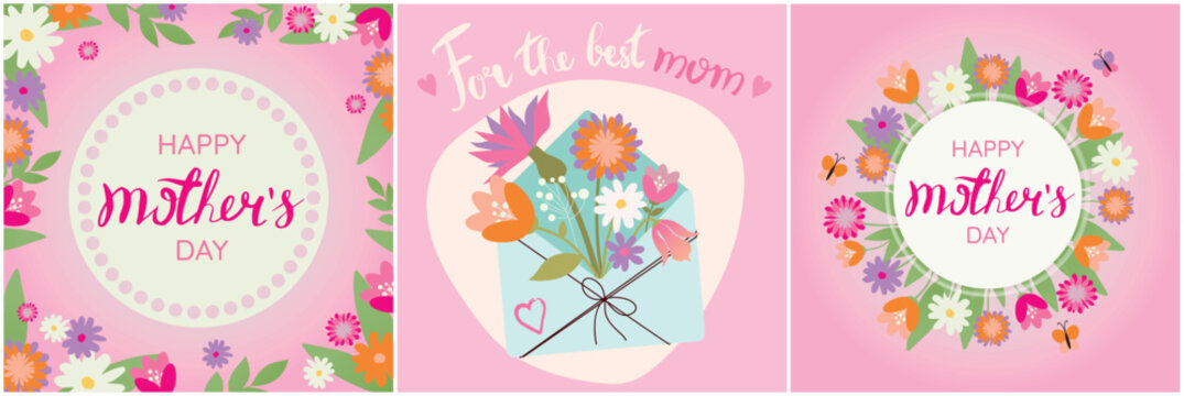 Happy Mother's day. Greeting card set with beautiful flowers and hearts on pink background. Banner or poster design template for mom's holiday