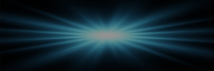 Light beam or sunbeam vector background. Abstract blue light sparkle flash spotlight background with blue sunlight on black background