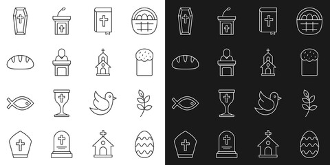Set line Easter egg, Willow leaf, cake, Holy bible book, Church pastor preaching, Christian bread, Coffin and building icon. Vector
