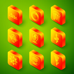 Set line Egypt pyramids, Magic symbol of Ouroboros, Egyptian pharaoh, Scarab, Cross ankh, Snake, Sun and Flag Of icon. Vector