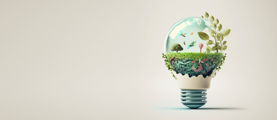 Eco friendly lightbulb banner with copy space, Sustainable and Renewable energy. Generative Ai - obrazy, fototapety, plakaty