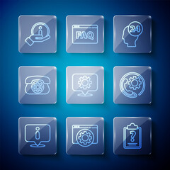 Set line Information, Browser setting, Clipboard with question marks, Support operator touch, Location gear, Telephone, and 24 hours support icon. Vector