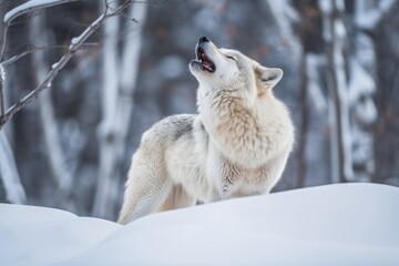 Obraz premium majestic wolf standing on a snow-covered hilltop. Generative AI