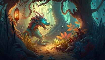 Fototapeta na wymiar Blue draogn inside the fantasy forest
